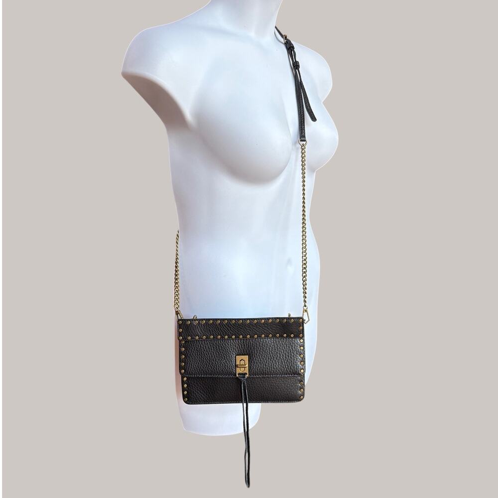 Rebecca Minkoff Darren Top Handle X-Body Black Leather Bag w Gold Stud Detailing